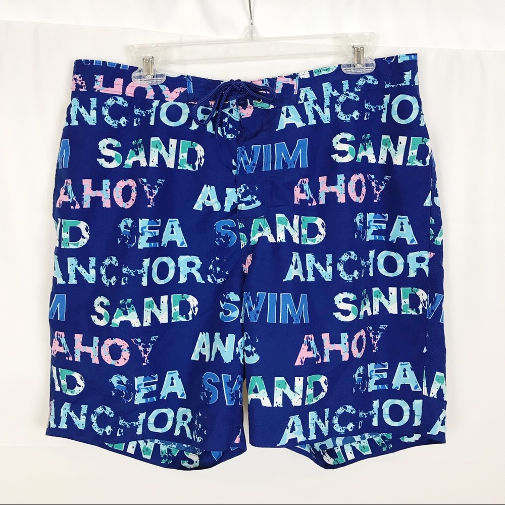 BROOKS BROS Blue Print Drawstring Swim Trunks-L